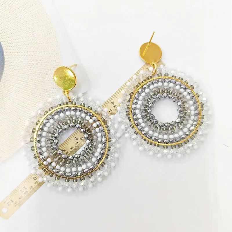 Rice Bead Earrings Roundness Hollow Bohemia Alloy Crystal