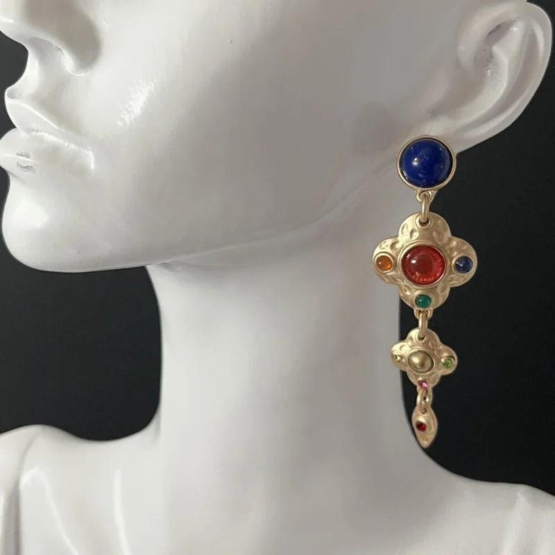 Retro Gemstone Inlay Earrings Medieval Style