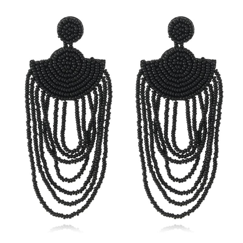 Monochrome Retro Tassel Rice Bead Earrings