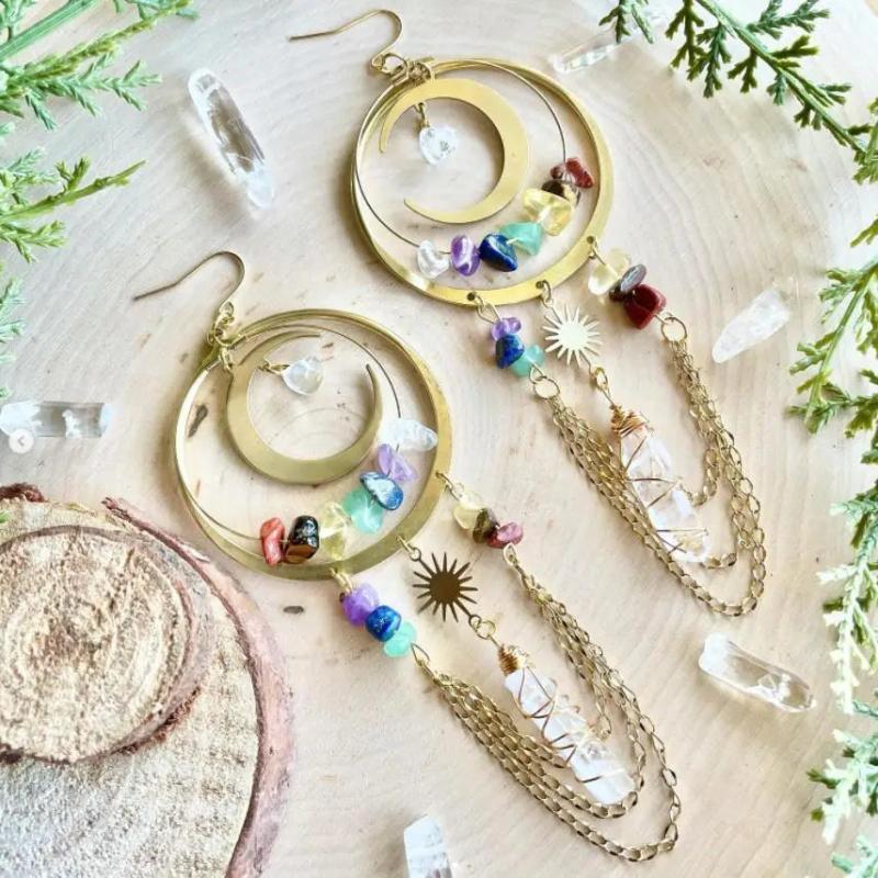 Quartz Moon Earrings Natural Amethyst Stone Boho