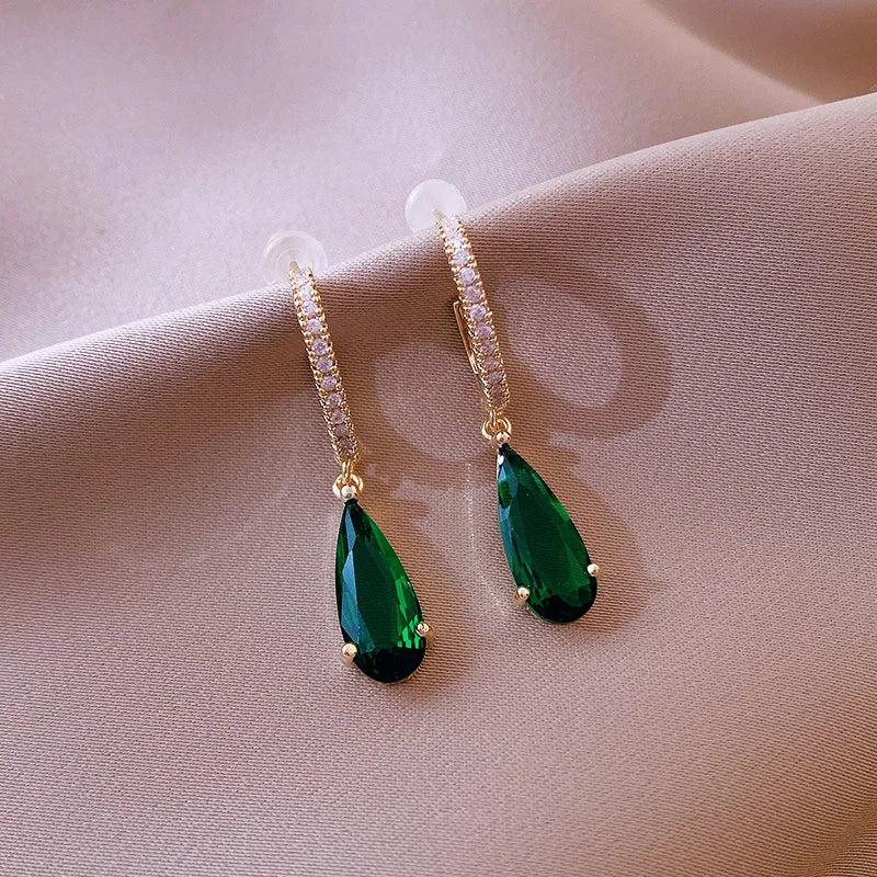 Vintage Emerald Water Drop Crystal Dangle Earrings For Women