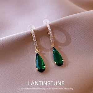 Vintage Emerald Water Drop Crystal Dangle Earrings For Women