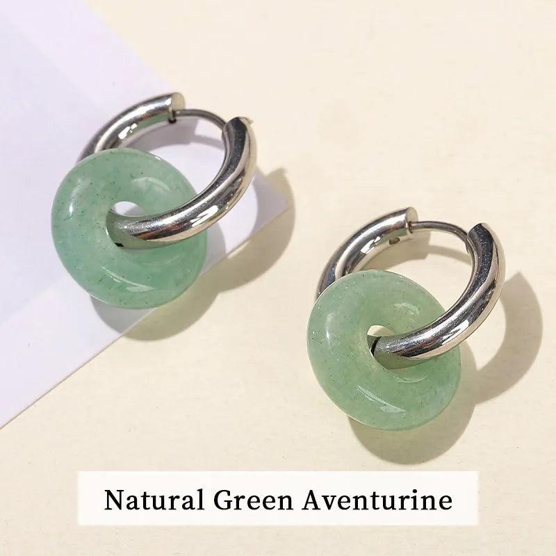 Natural Stone Donut Shape Stainless Steel Hoop Earrings
