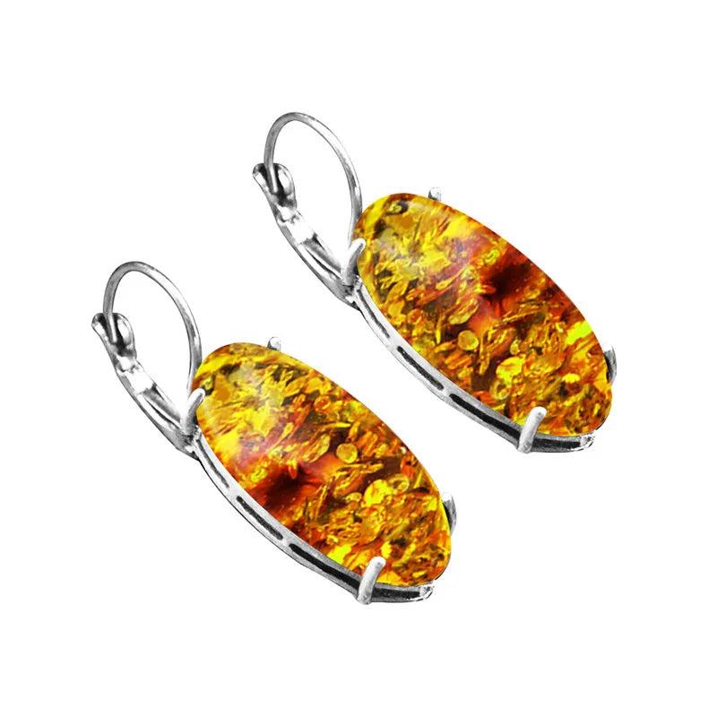 Vintage Amber Claw Earrings Antique Silver Plated Flower Resin Bead
