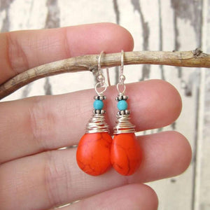 Wire Wrapped Orange Turquoise Earrings