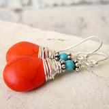 Wire Wrapped Orange Turquoise Earrings