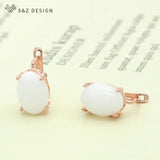 S&Z Oval Egg Shape Natural Stone 585 Rose Dangle Earrings