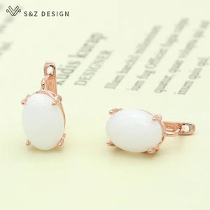 S&Z Oval Egg Shape Natural Stone 585 Rose Dangle Earrings