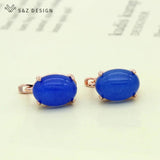 S&Z Oval Egg Shape Natural Stone 585 Rose Dangle Earrings