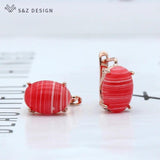 S&Z Oval Egg Shape Natural Stone 585 Rose Dangle Earrings