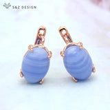 S&Z Oval Egg Shape Natural Stone 585 Rose Dangle Earrings
