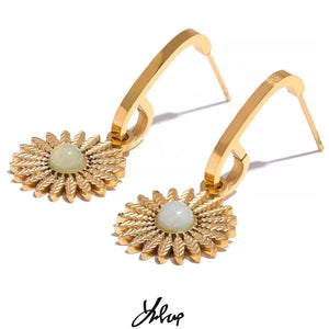 Flower Stone Drop Earrings Stainless Steel Dangle Charm Jewelry