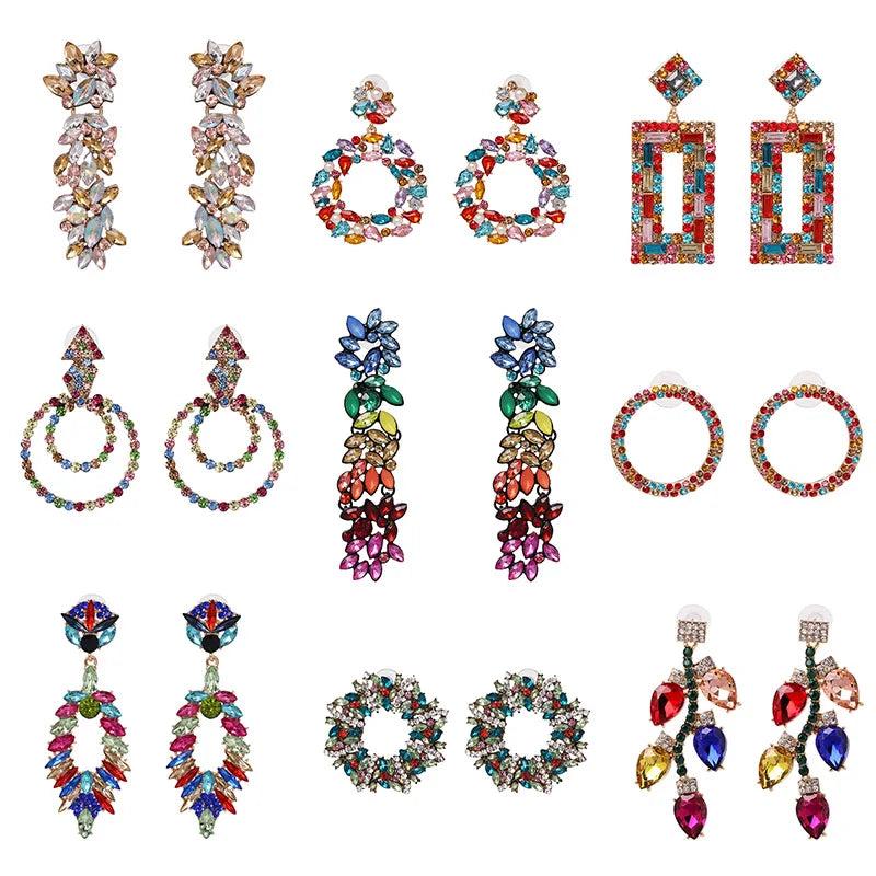 Bohemian Crystal Pendant Earrings Multicolored Rhinestone Drop Earrings