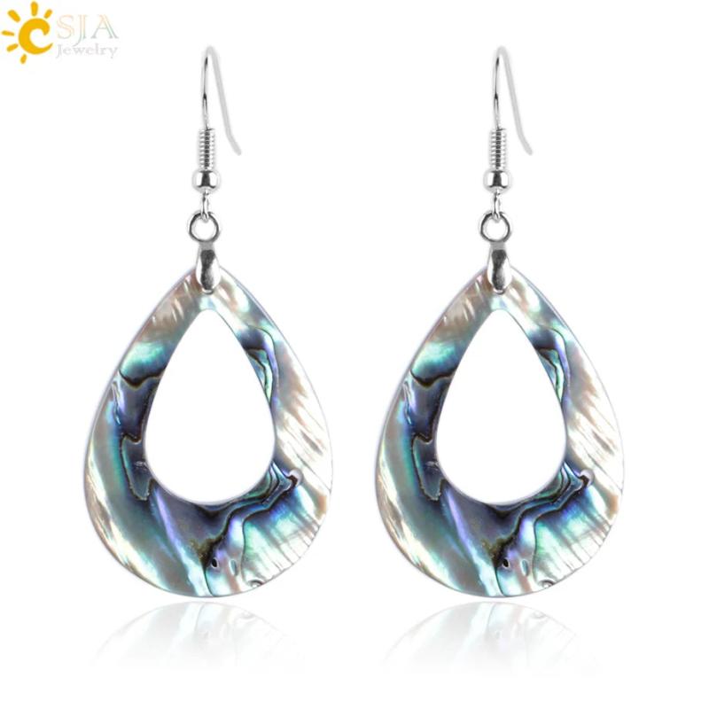 CSJA Abalone Shell Earring Gem Stones Pendant Water Drop Hook Earring