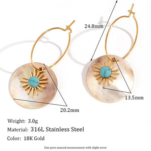 Ethnic Turquoise Sunflower Shell Drop Earrings 18K Plated