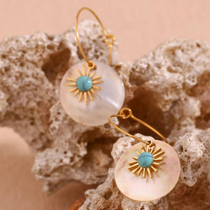 Ethnic Turquoise Sunflower Shell Drop Earrings 18K Plated