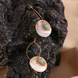 Ethnic Turquoise Sunflower Shell Drop Earrings 18K Plated