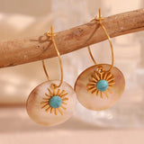 Ethnic Turquoise Sunflower Shell Drop Earrings 18K Plated