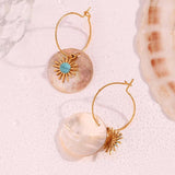 Ethnic Turquoise Sunflower Shell Drop Earrings 18K Plated