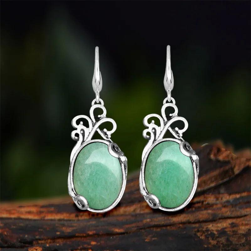 Vintage Natural Jades Dangle Earrings Antique Silver Plated Pink Quartz Stone