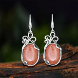 Vintage Natural Jades Dangle Earrings Antique Silver Plated Pink Quartz Stone