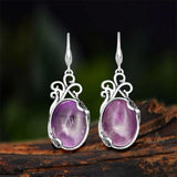 Vintage Natural Jades Dangle Earrings Antique Silver Plated Pink Quartz Stone