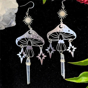 Mushroom Earrings, Quartz Crystal Pendant Earrings