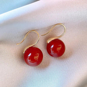 Red Agate Stone Dangle Earrings Round Ball Drop Statement Jewelry