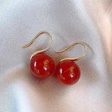Red Agate Stone Dangle Earrings Round Ball Drop Statement Jewelry
