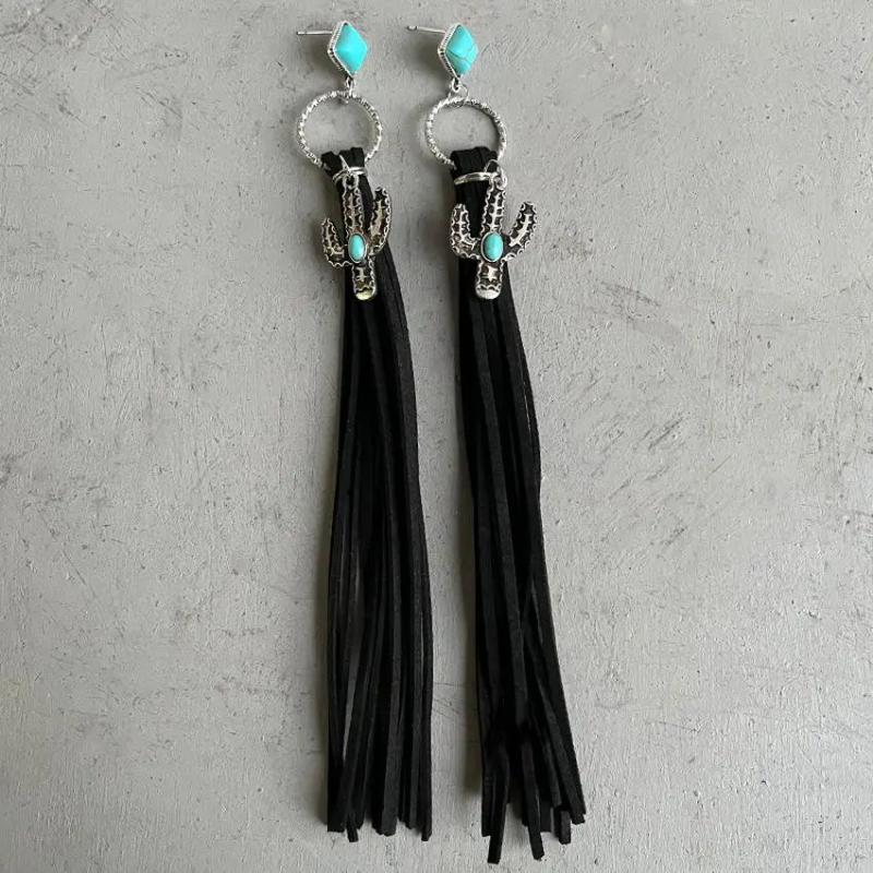 Turquoise Cactus Charm Tassel Earrings Brown