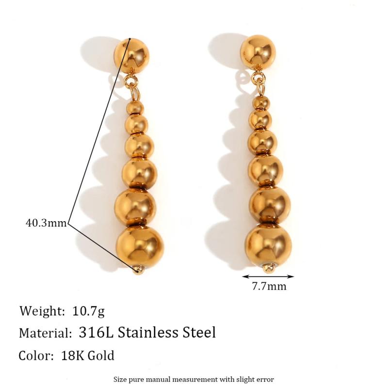 Large Bead Drop Earrings Stainless Steel 18K Plated
