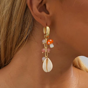 Natural Stone Shell Mushroom Pendant Earrings for Women
