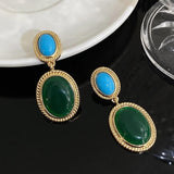 Lapis Lazuli Green Oval Earrings Punk Style Retro Jewelry