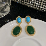 Lapis Lazuli Green Oval Earrings Punk Style Retro Jewelry