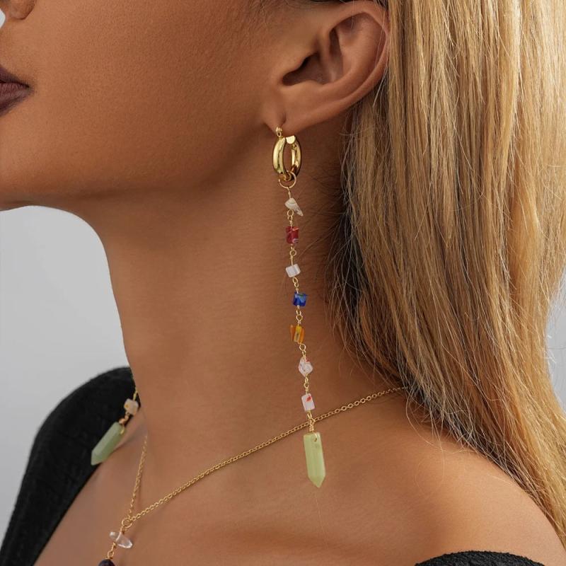 Colorful Stone Copper Pendant Tassel Earrings