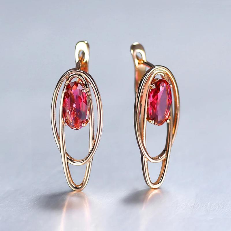 Rose Geometric Oval Red Ruby Stone Drop Dangle Earrings for Women Wedding