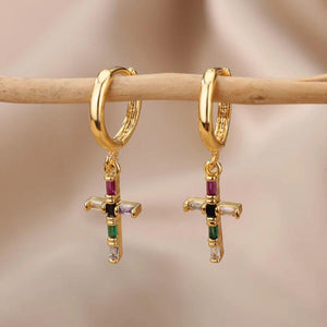 Rainbow Zircon Cross Dangle Earring Crystal Pendant Drop Earring Hoop