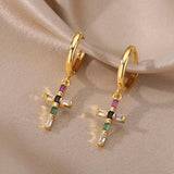 Rainbow Zircon Cross Dangle Earring Crystal Pendant Drop Earring Hoop