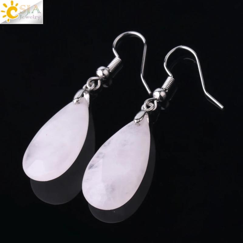 CSJA Water Drop Earrings Beaded Crystal Quartz Healing Stones