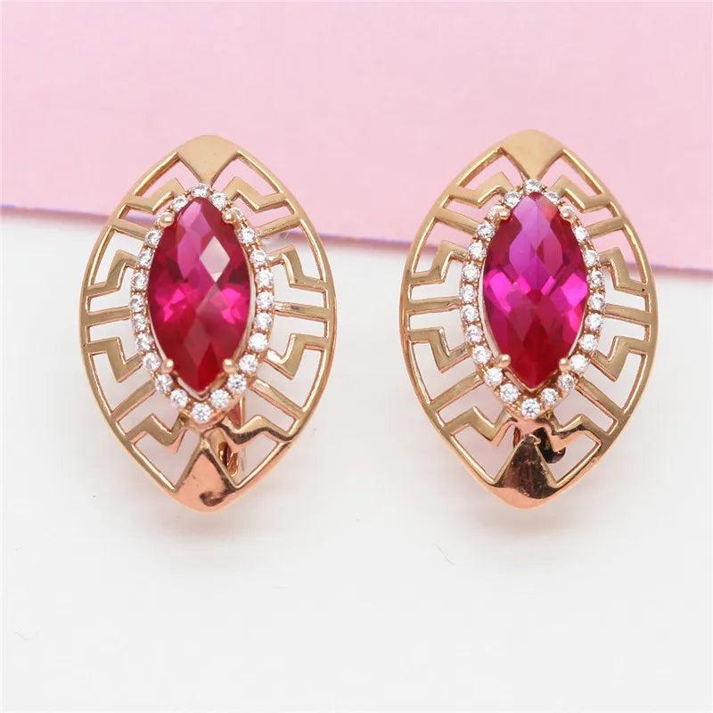 14K Rose Gold Ruby Earrings Marquise Shape Wedding Jewelry