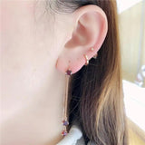 Purple 14K Rose Red Gem Tassel Earrings Long Chain Jewelry