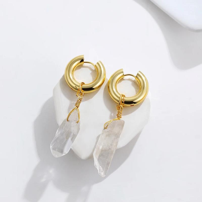 Clear Quartz Drop Earrings Natural Stone Pendant Circle Jewelry