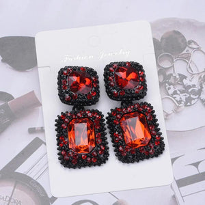 Red Green Crystal Rhinestone Square Shape Statement Large Earrings