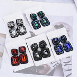 Red Green Crystal Rhinestone Square Shape Statement Large Earrings