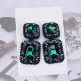 Red Green Crystal Rhinestone Square Shape Statement Large Earrings