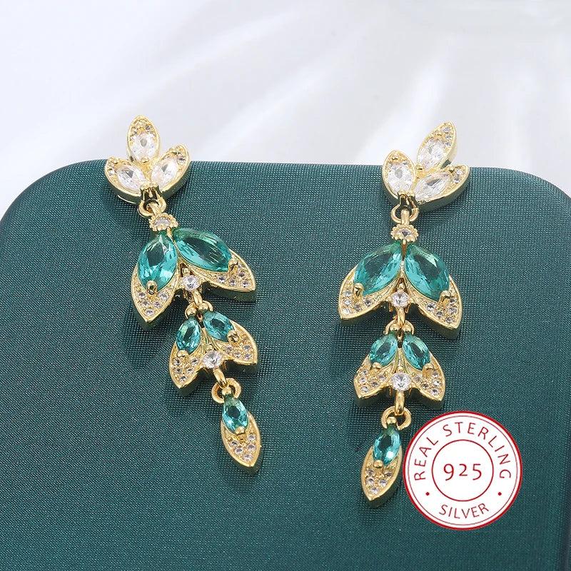 925 Silver Zircon Green Gem Tassel Earrings Birthday Jewelry Gift