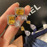 Retro Court Crystal Earrings with Yellow Gem Square Zircon