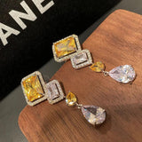 Retro Court Crystal Earrings with Yellow Gem Square Zircon