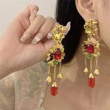 Baroque Style Red Gem Tassel Earrings Exude Personality
