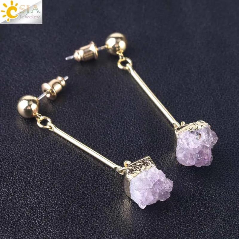 CSJA Natural Quartz Crystal Druse Gems Dangle Earrings
